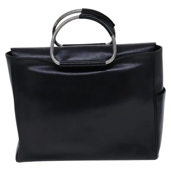 GUCCI Hand Bag Leather Metal Black Silver Auth Bags